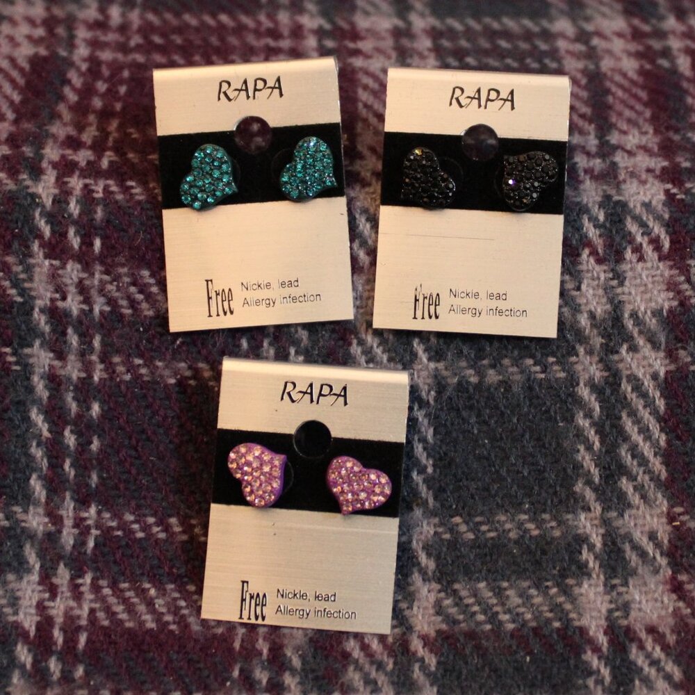 NWT Rapa Rhinestone Heart Pierced Earring Lot of Three